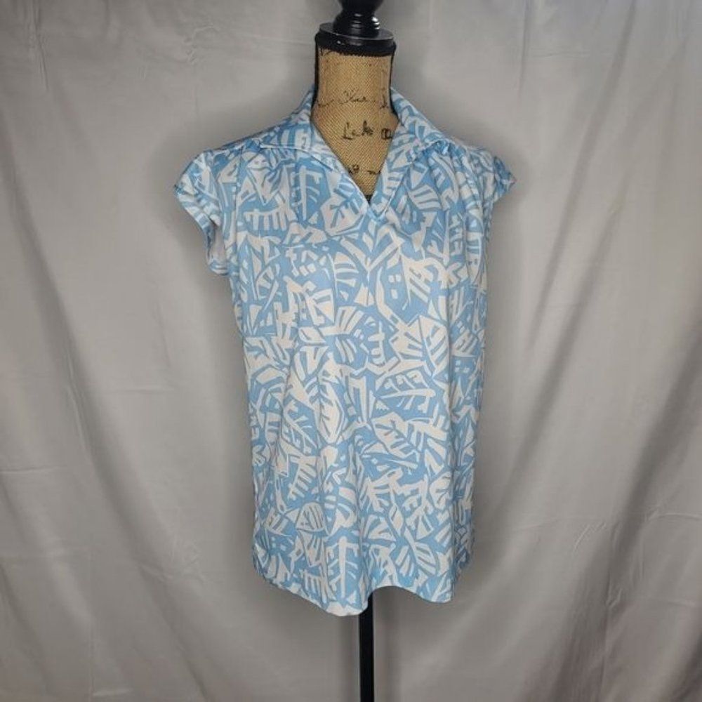 Vintage 70s Mod Light Blue White Retro Pattern Shirt - Picture 9 of 9